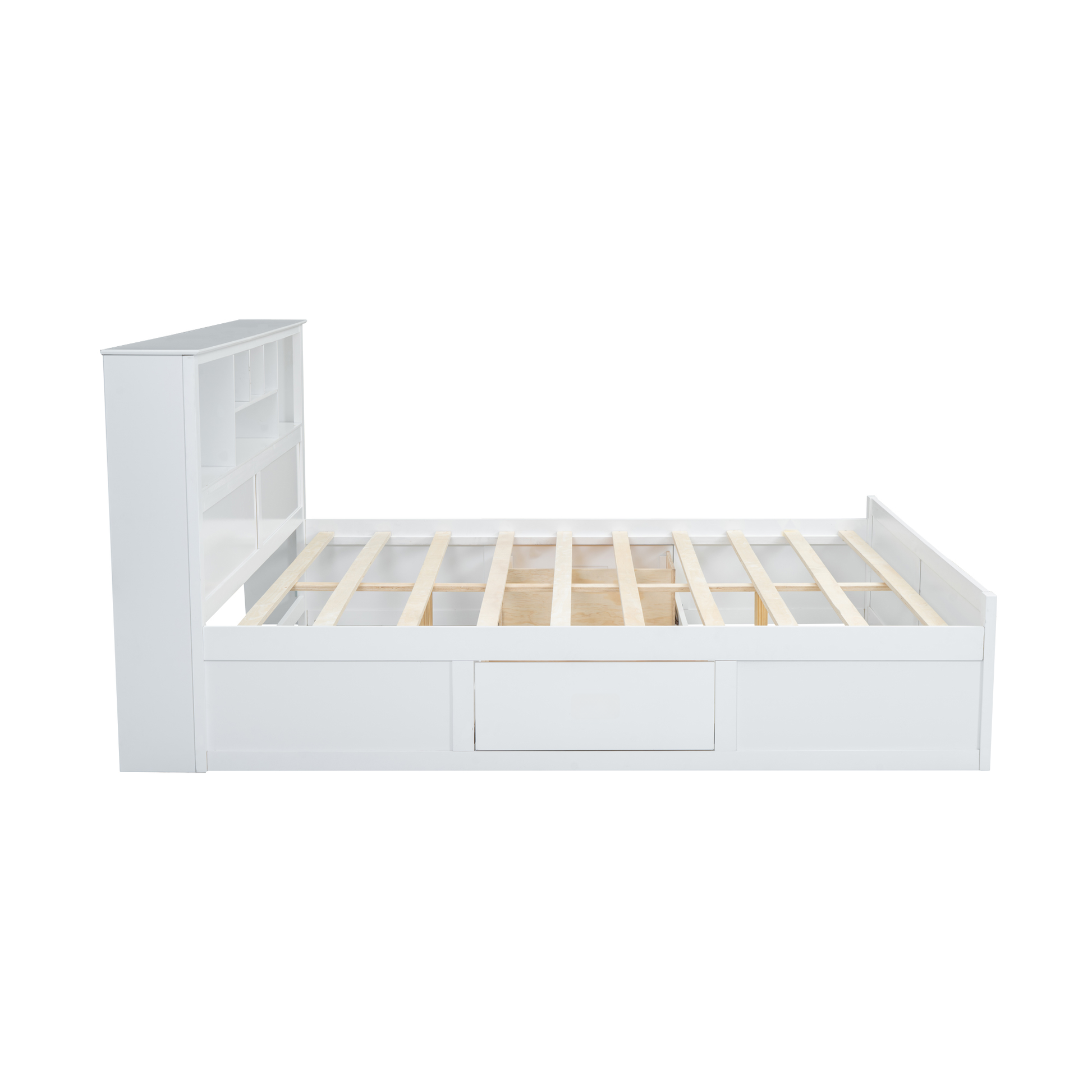White wooden platform bed frame with builtin storage drawers and open shelves on headboard