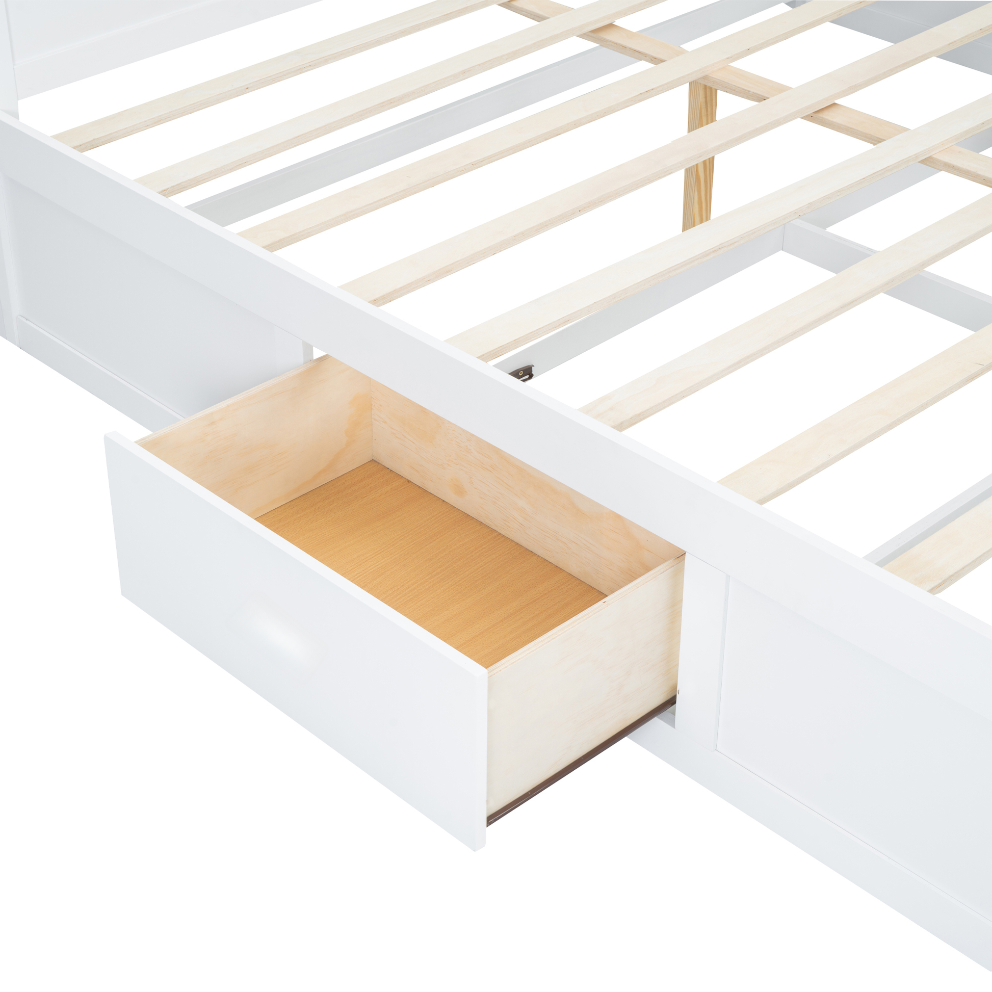 White wooden platform bed frame with open storage drawer