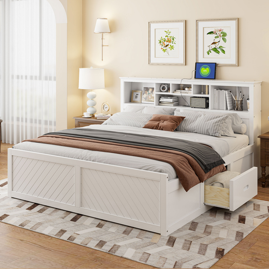 White wooden platform bed with builtin headboard shelves and storage drawers