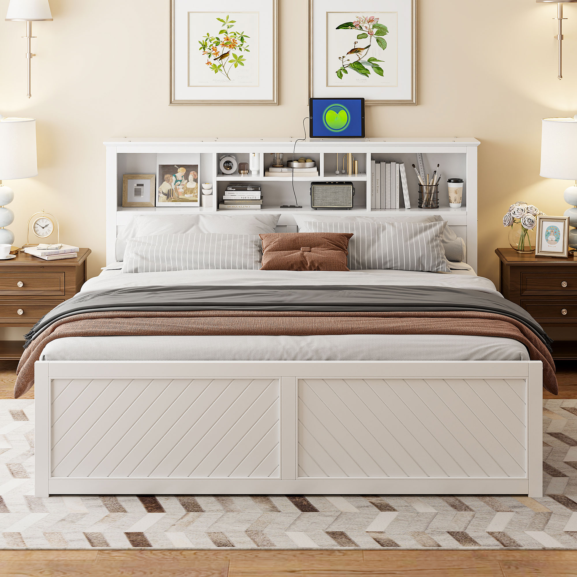 White panel headboard king bed with builtin shelves and plush bedding