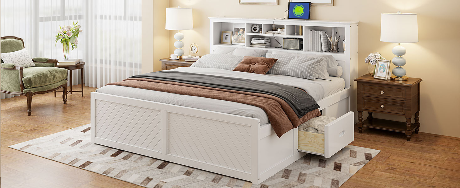 White wooden bed frame with chevron paneling and builtin storage headboard