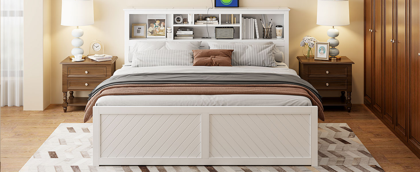 White platform bed with headboard shelves and diagonal panel footboard