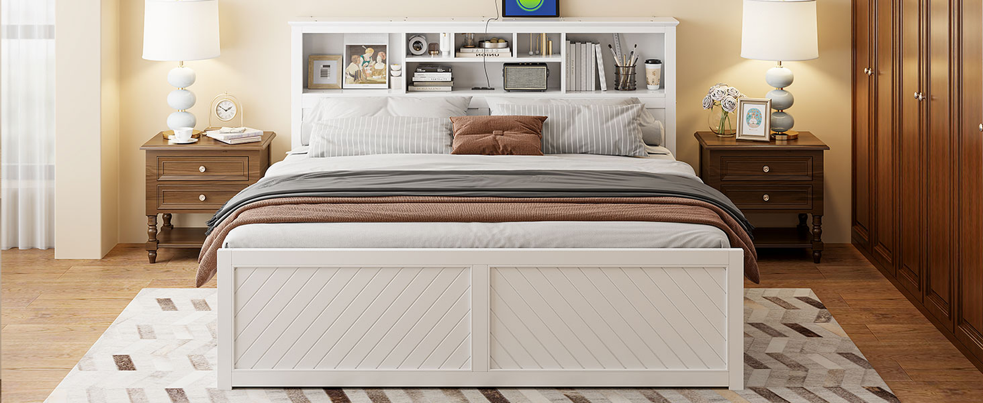 White platform bed with headboard shelves and diagonal panel footboard