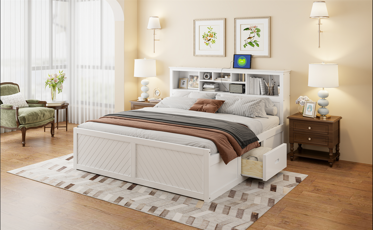 White wooden bed frame with storage drawers and a bookcase headboard