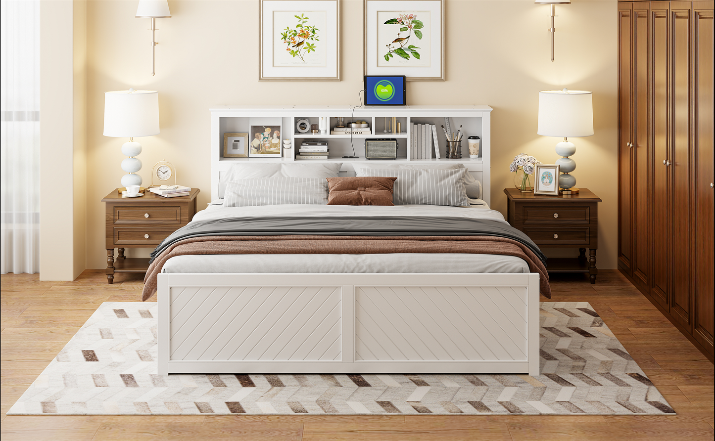 White wooden bed frame with headboard storage and upholstered mattress