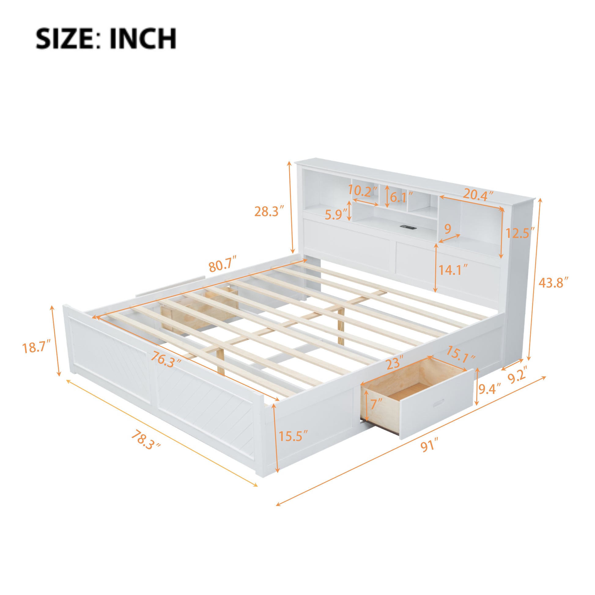White wooden platform bed frame with headboard shelves and storage drawers