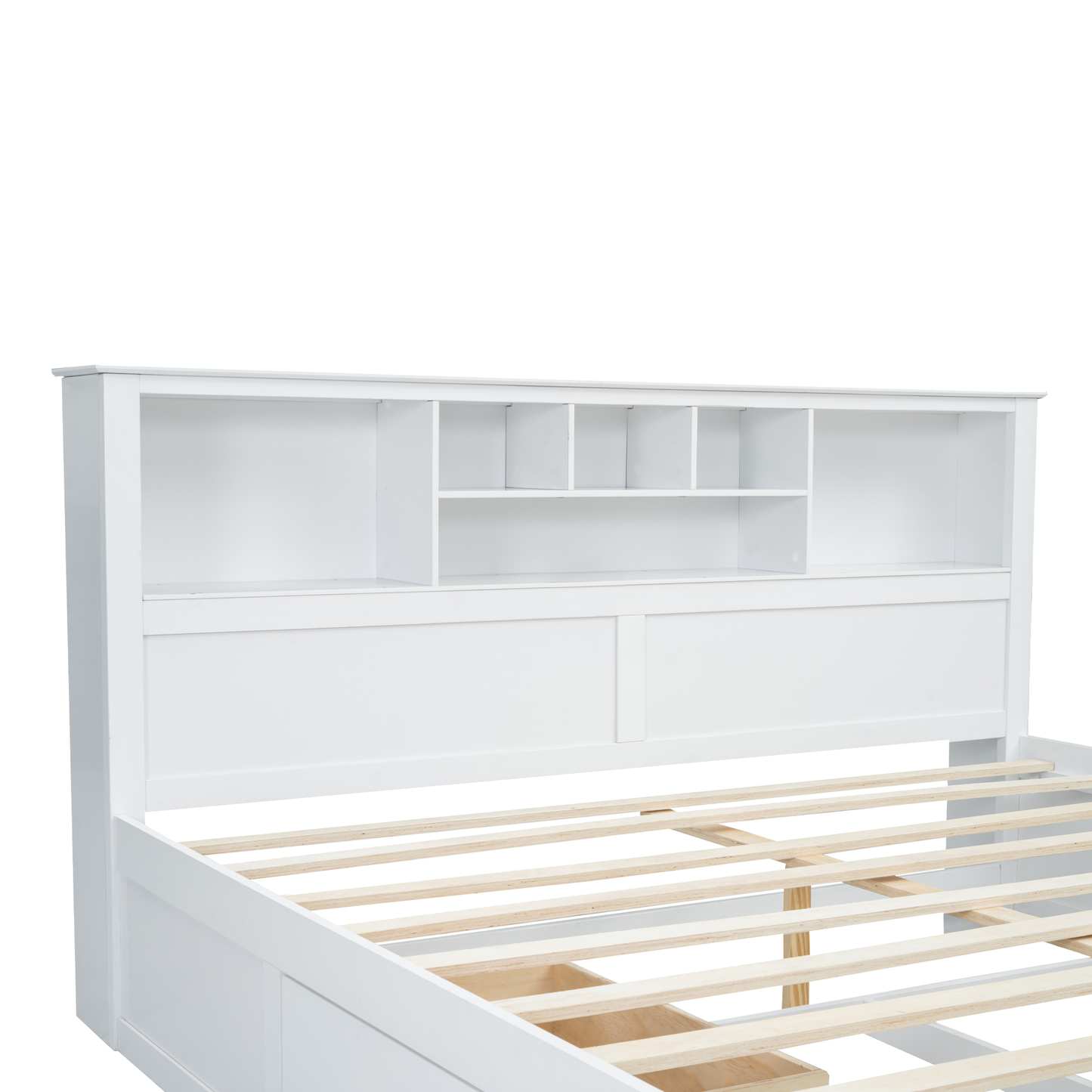 White twin bookshelf bed frame with slatted support