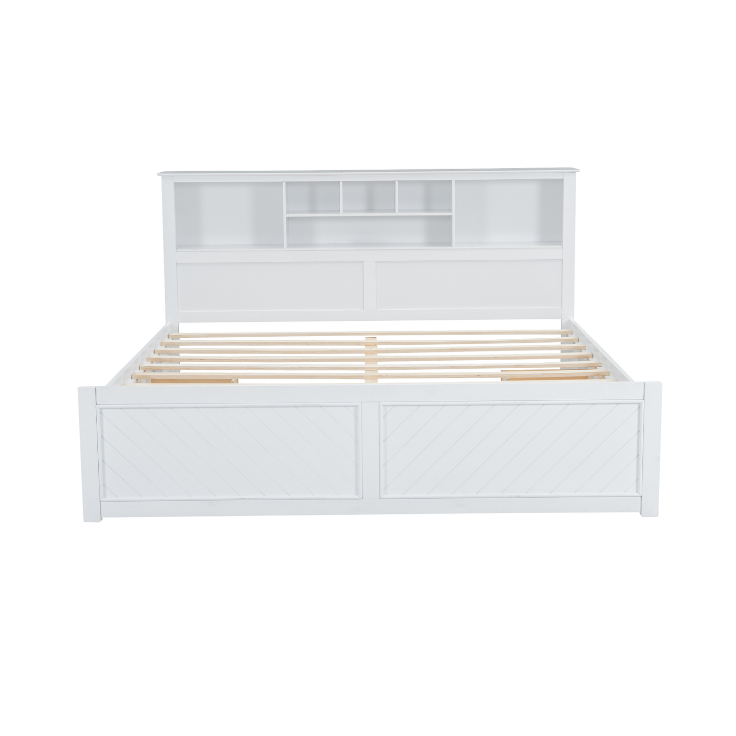 White wooden bed frame with builtin headboard bookcase