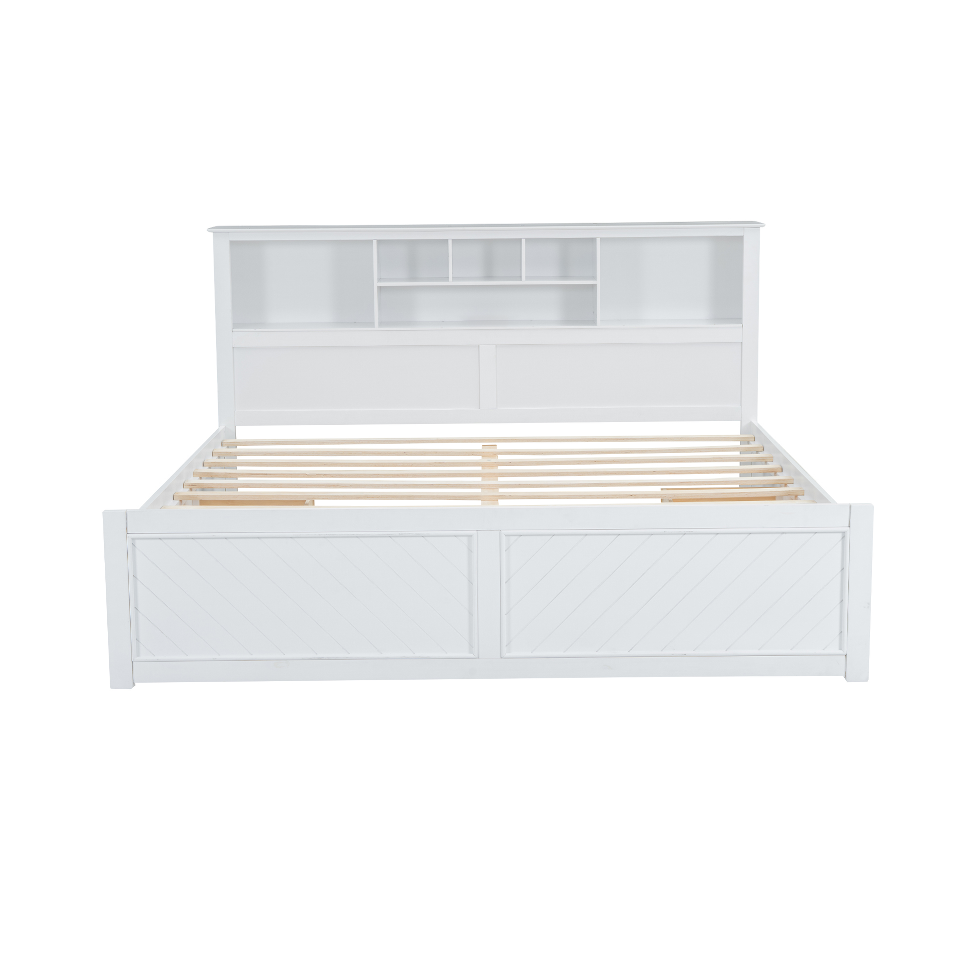 White wooden bed frame with builtin headboard bookcase