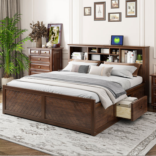 Dark wood queen bed frame with headboard storage and drawers