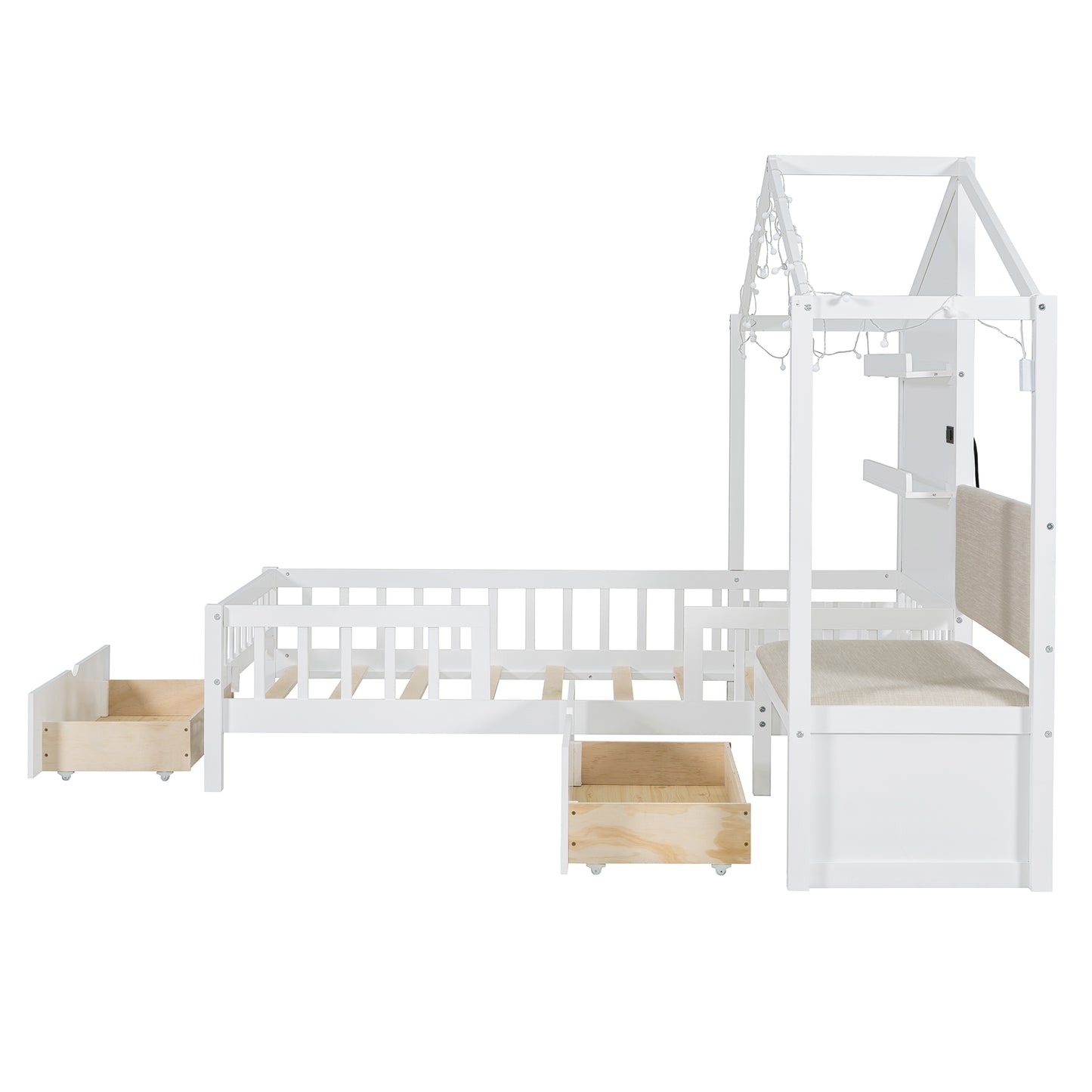 White wooden house bed frame with integrated storage drawers and builtin reading bench