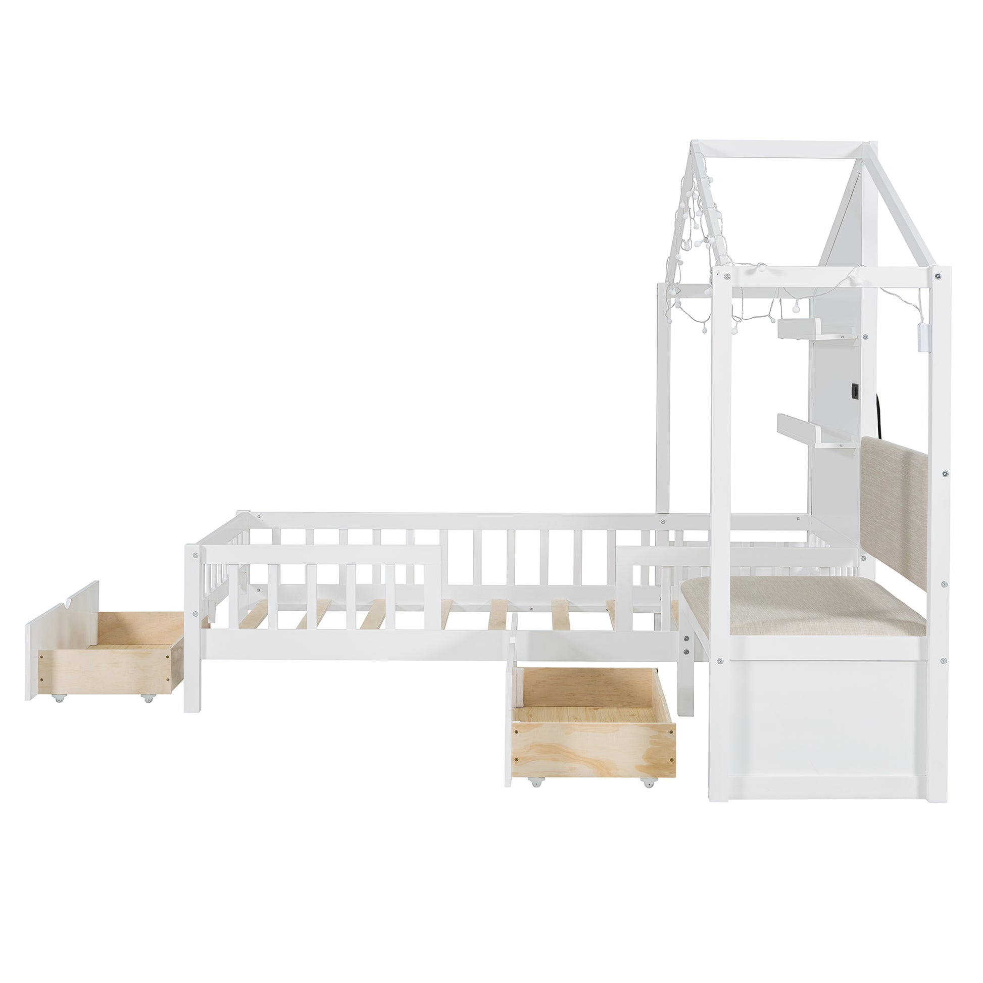 White wooden house bed frame with integrated storage drawers and builtin reading bench