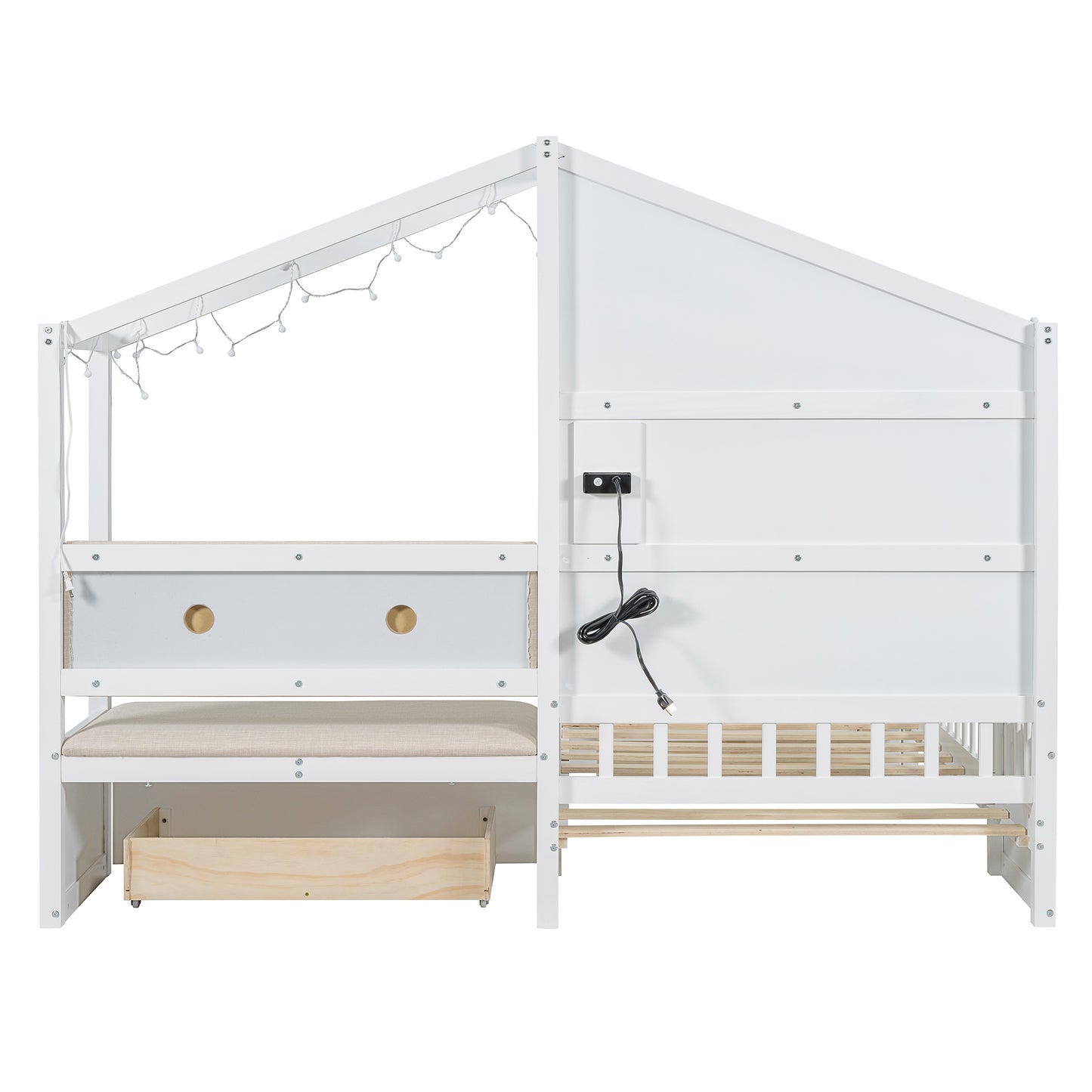 White wooden house bed frame with string lights and integrated drawer