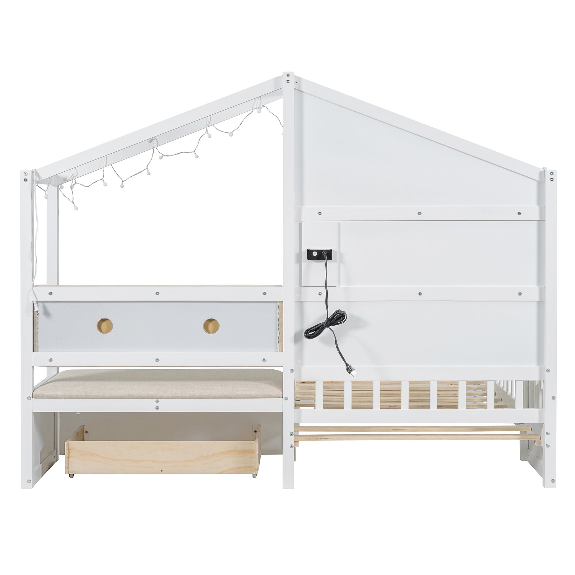 White wooden house bed frame with string lights and integrated drawer