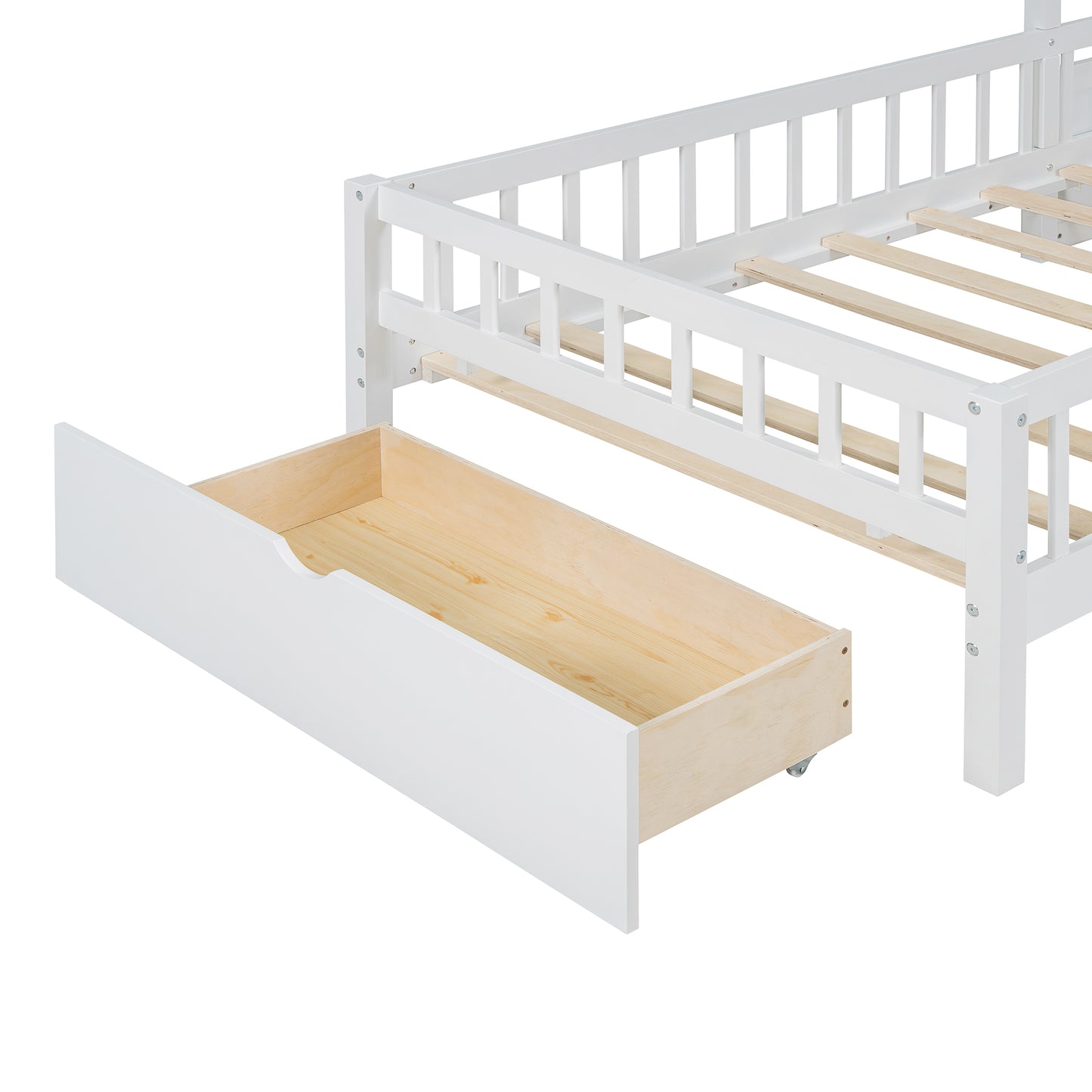 White wooden bed frame with exposed drawer slides and wooden slats