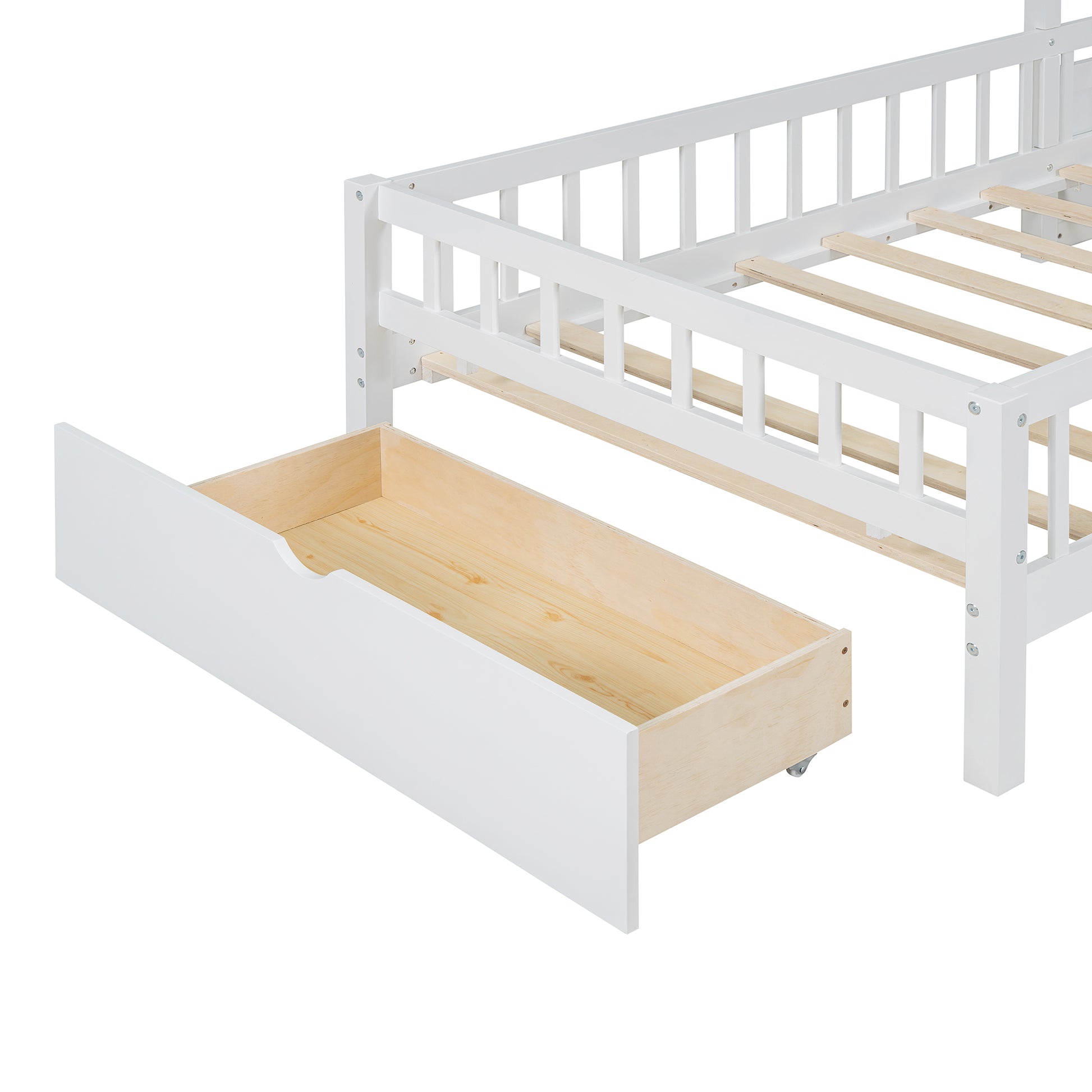 White wooden bed frame with exposed drawer slides and wooden slats