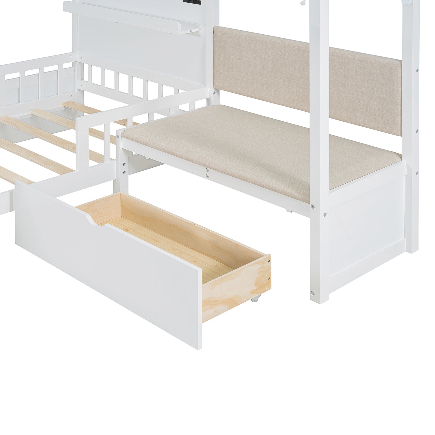 White twin loft bed with open drawer and beige upholstered bench