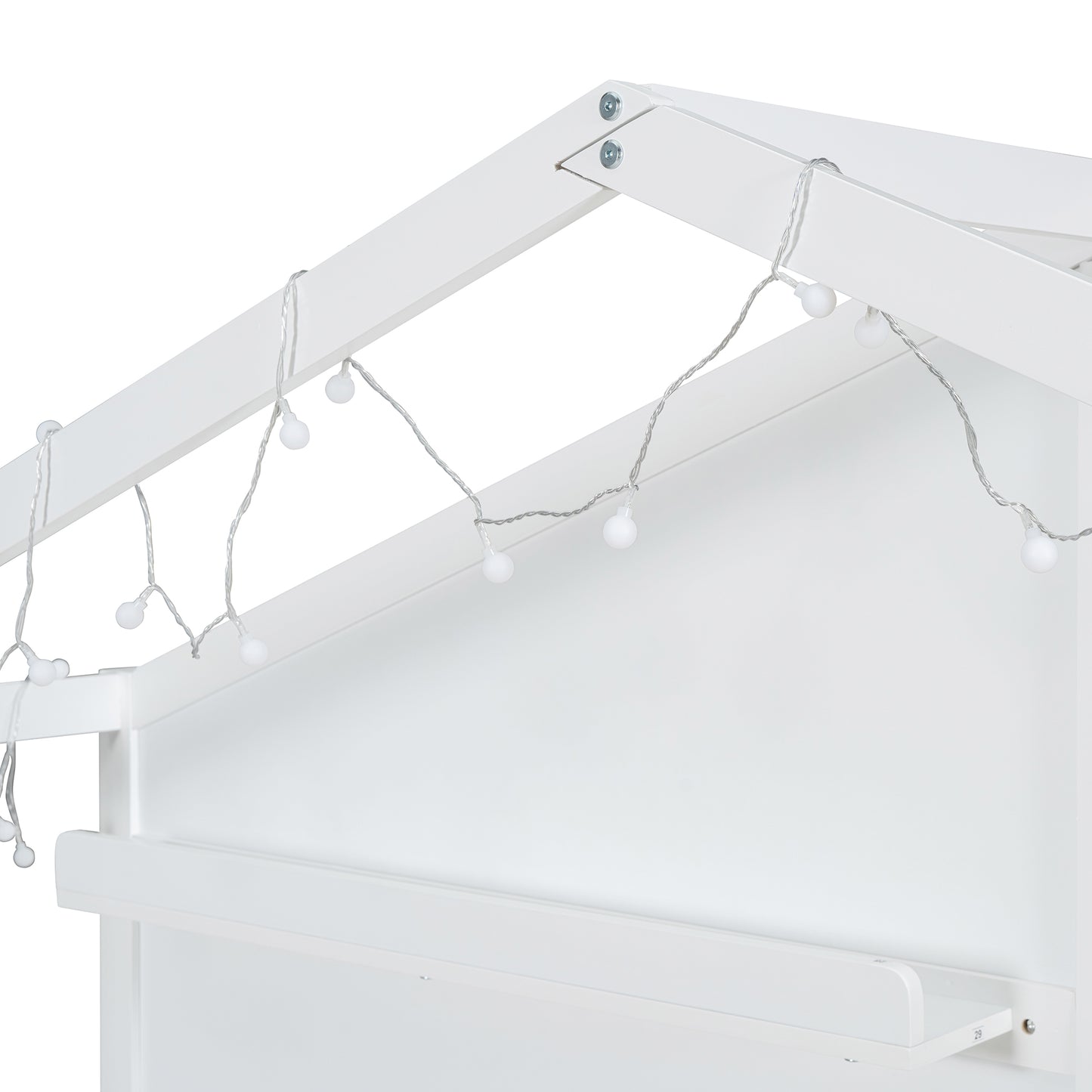 White wooden house bed frame with delicate string lights