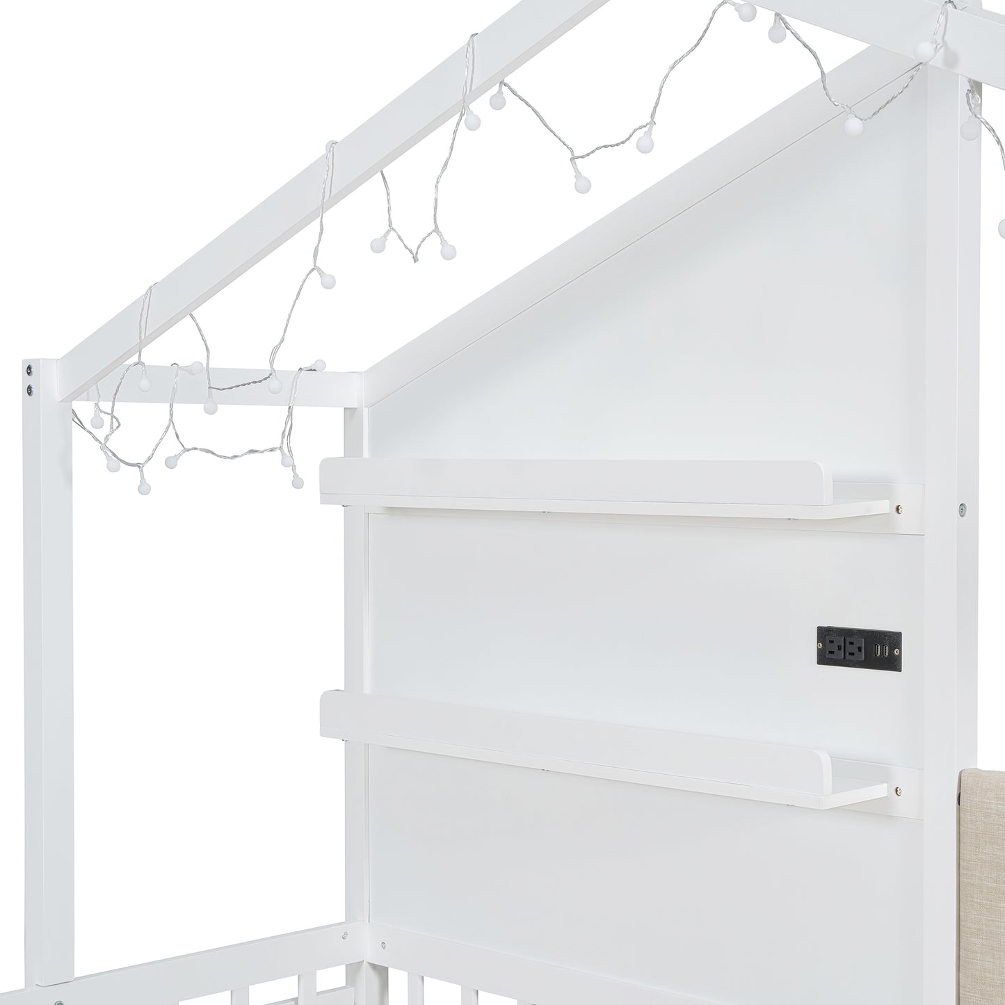 White wooden house bed frame with decorative fairy lights