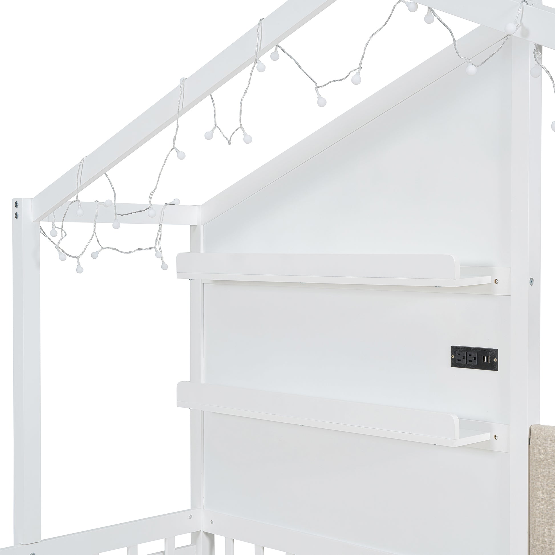 White wooden house bed frame with decorative fairy lights