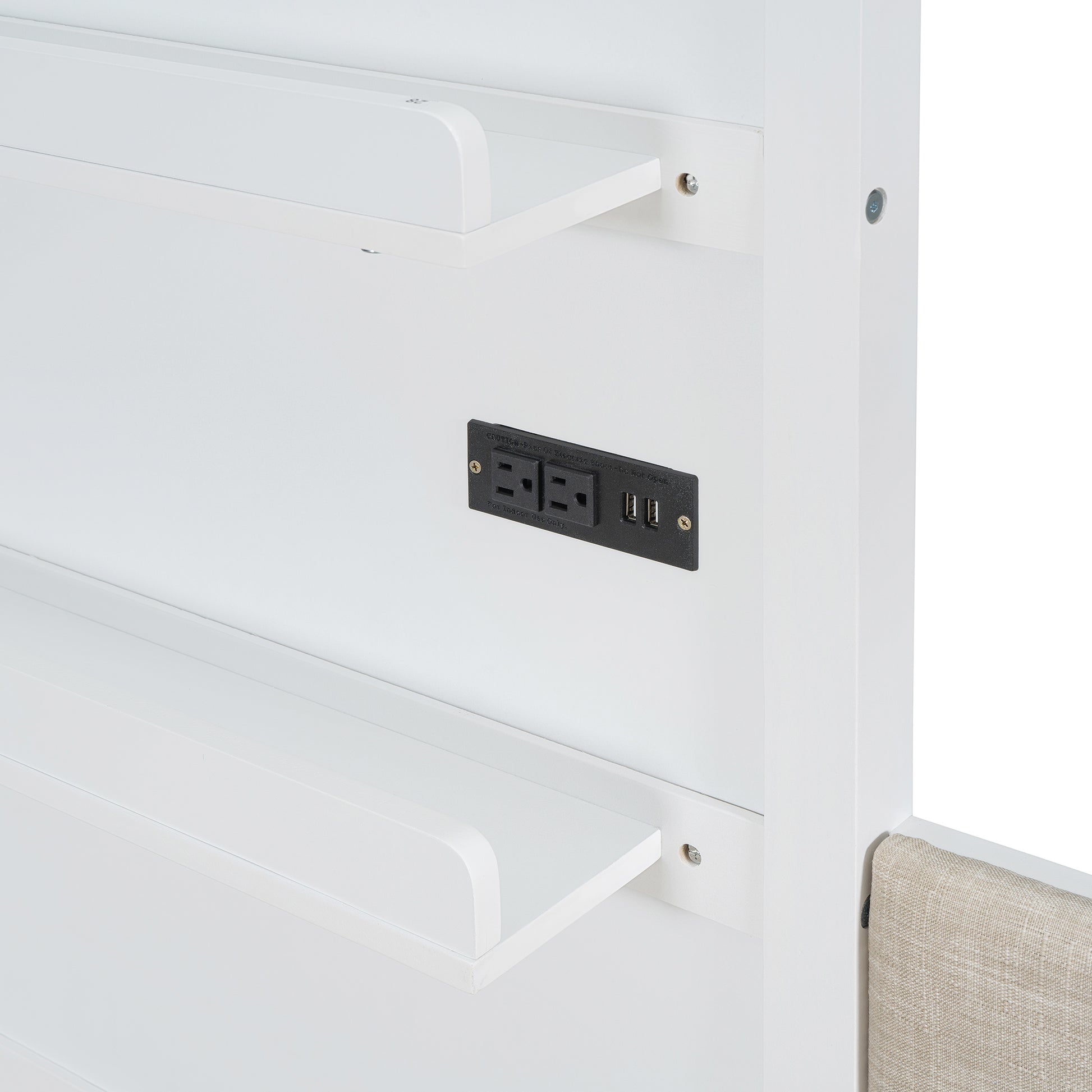 White furniture shelf with integrated dual USB charger and two AC outlets