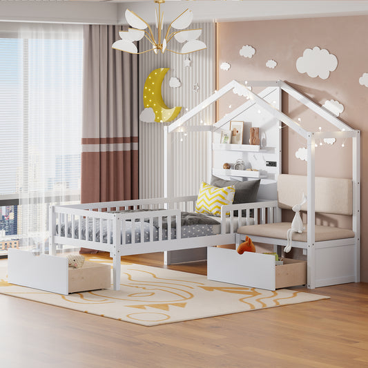 White wooden house bed with integrated bench and storage drawers