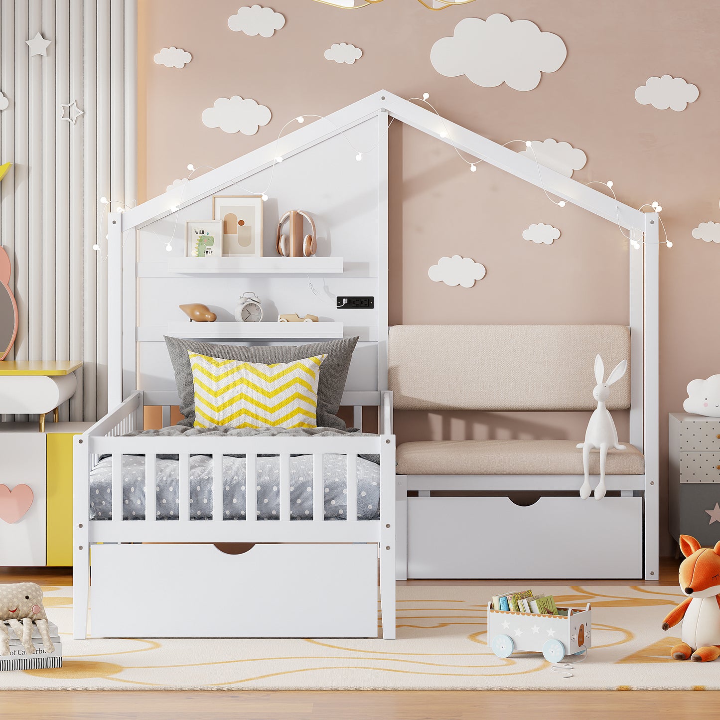 White wooden house bed frame with integrated bench seating and storage drawer