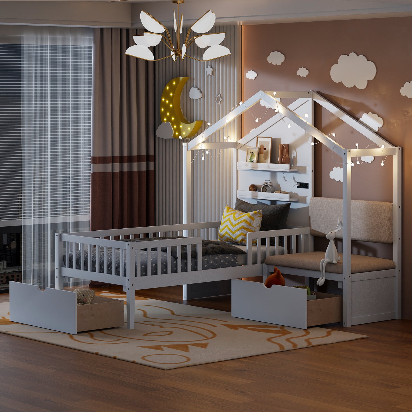 White wooden toddler bed with guardrails and storage drawers