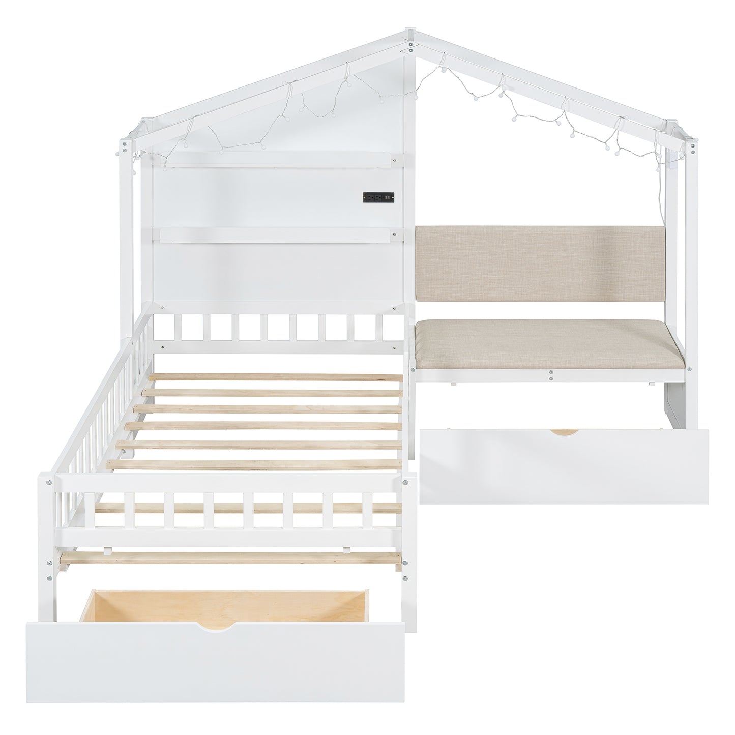 White wooden house bed frame with integrated charging station and fairy lights