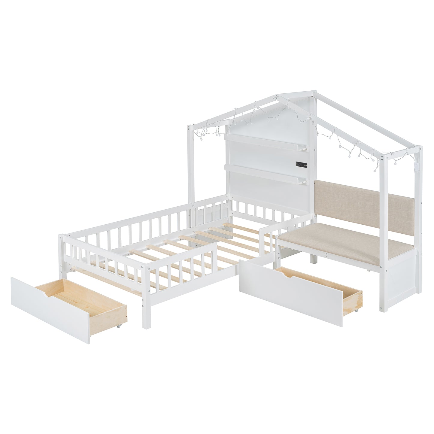 White wood house bed frame with bench and storage drawers