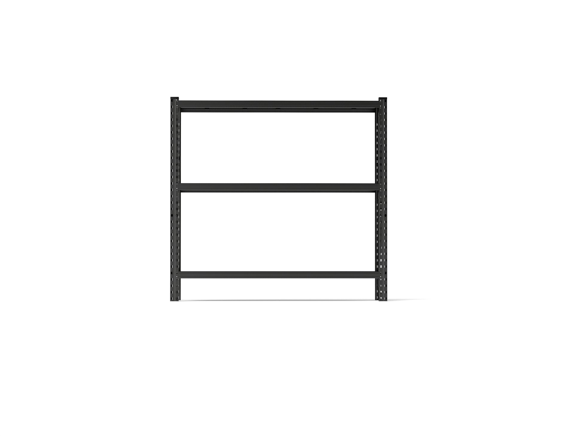 Black metal industrial shelving unit with three shelves for storage