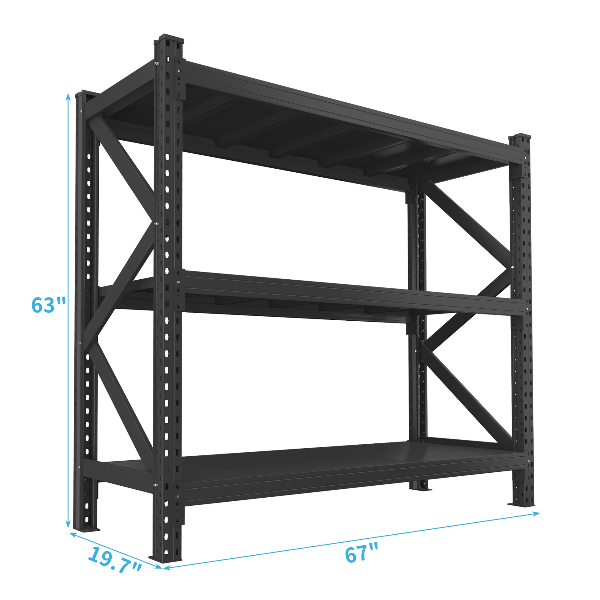 Heavyduty black steel shelving unit  H x  W x  D with three tiers for garage storage