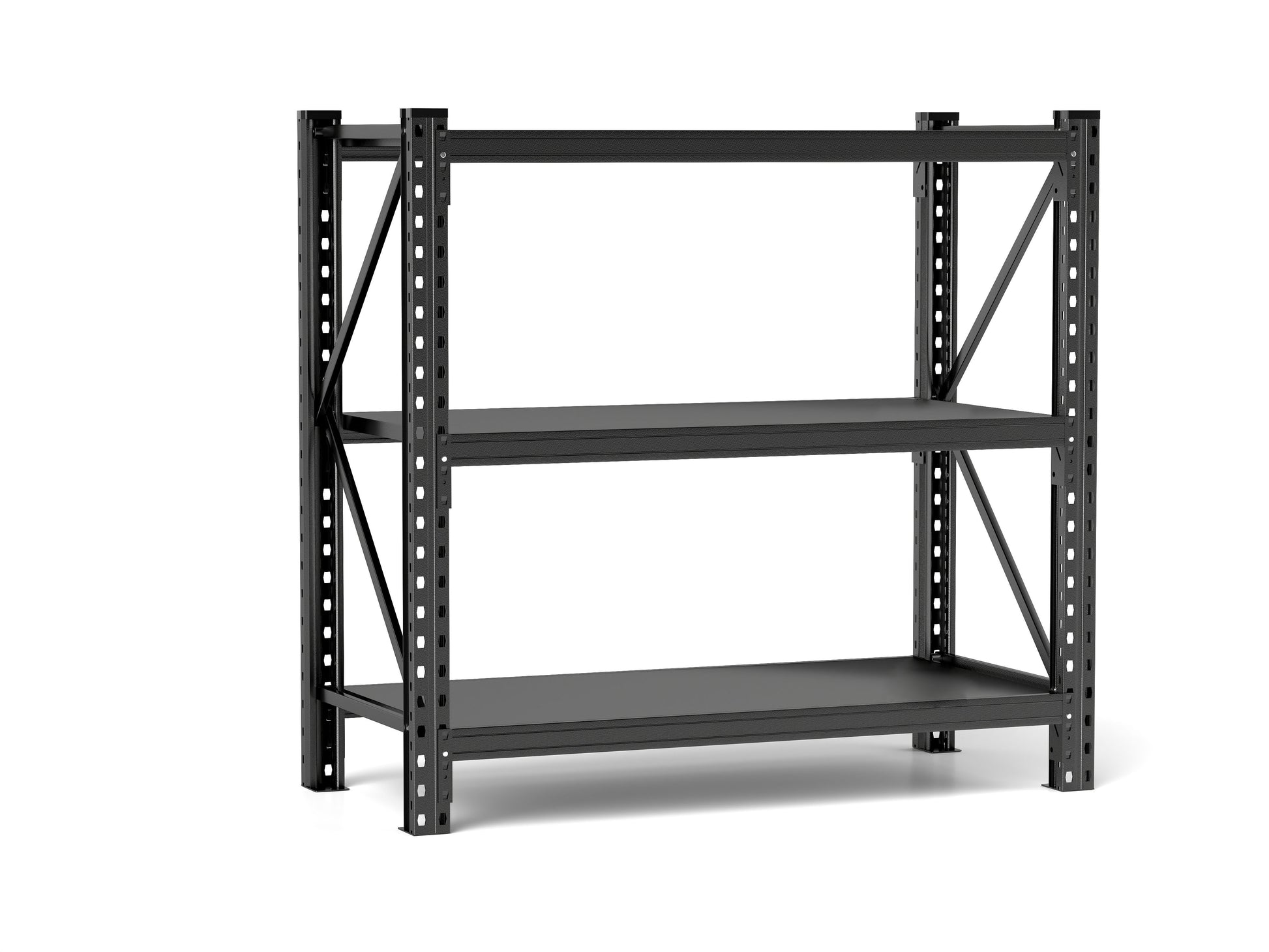 Heavyduty black metal shelving unit with three adjustable shelves for garage storage