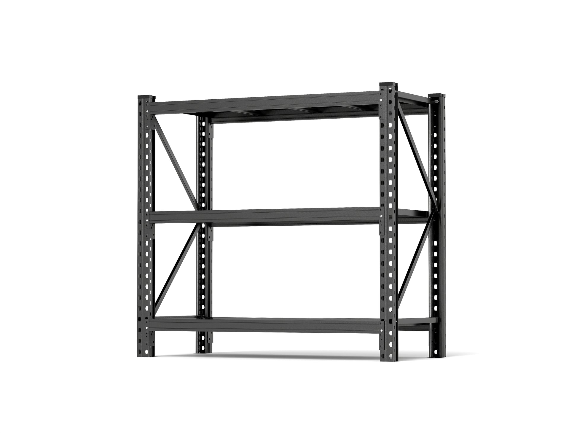 Black metal garage shelving unit with three tiers