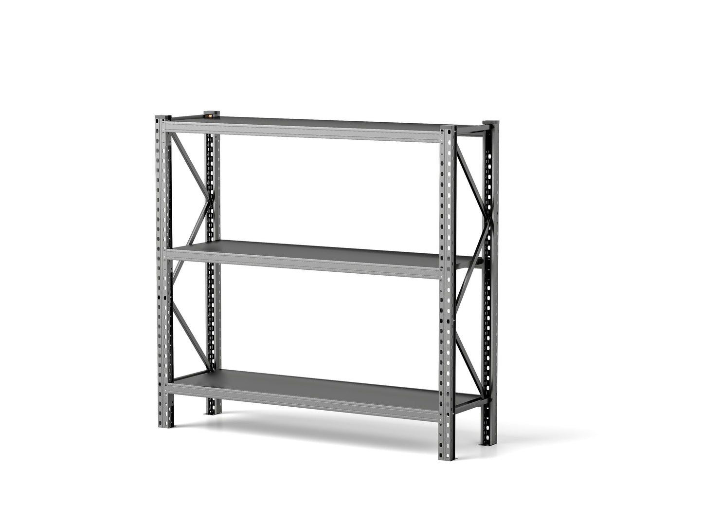 Gray metal garage shelving unit with three tiers