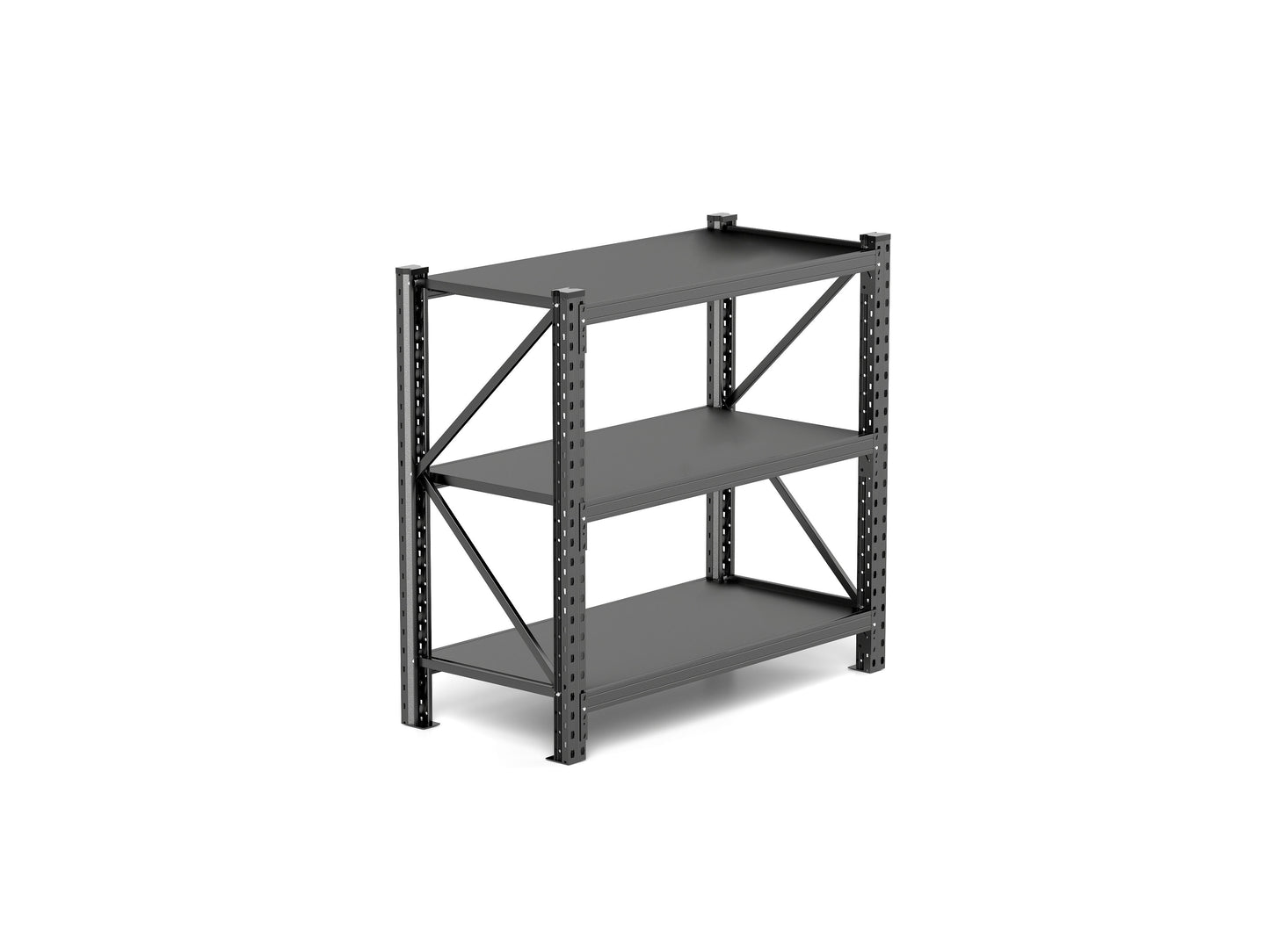 Dark gray metal tier industrial shelving unit with perforated uprights and cross bracing