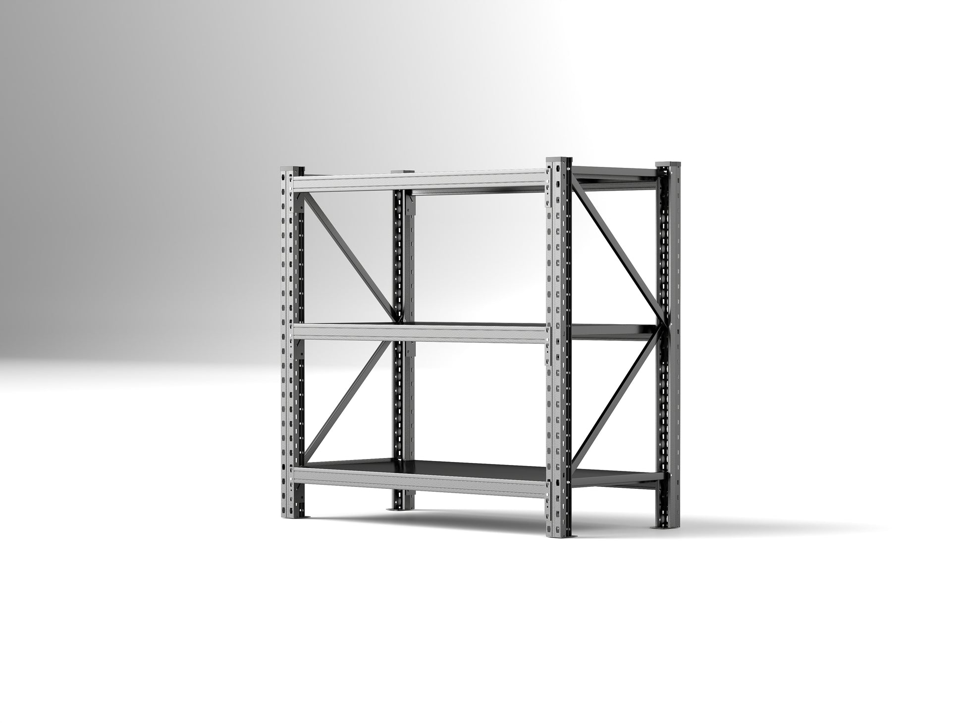 Gray industrial metal shelving unit with three shelves