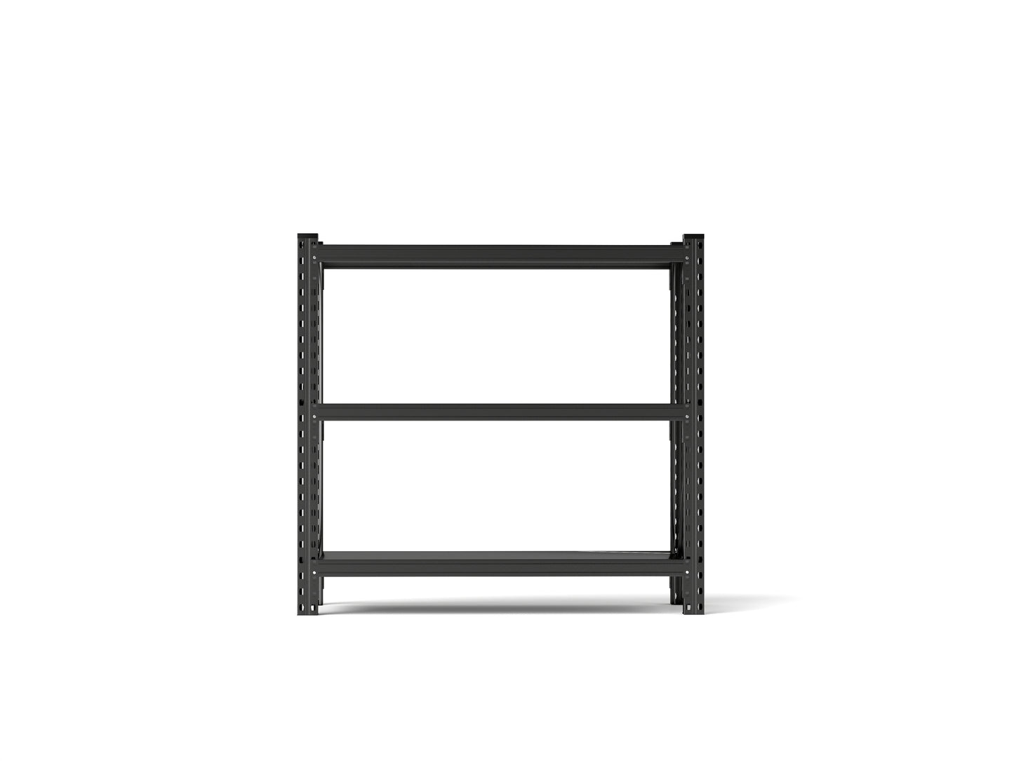 Black metal tier shelving unit with adjustable shelves