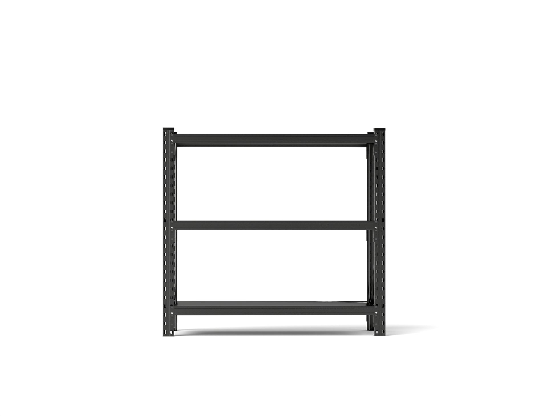 Black metal tier shelving unit with adjustable shelves