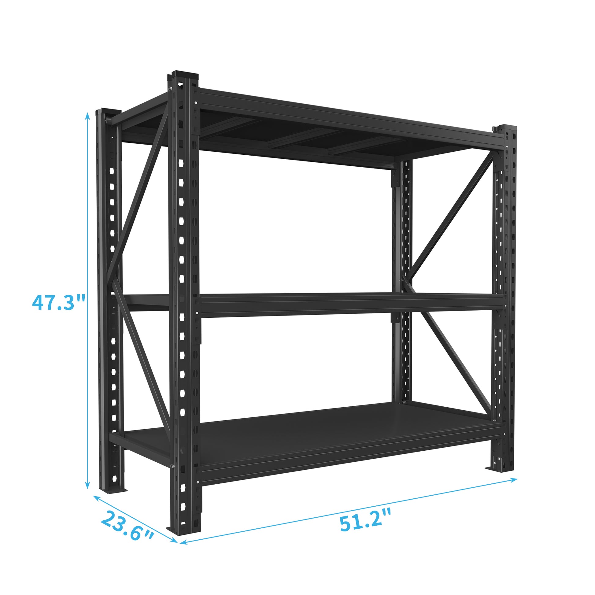 Heavyduty black metal shelving unit with three tiers for garage storage