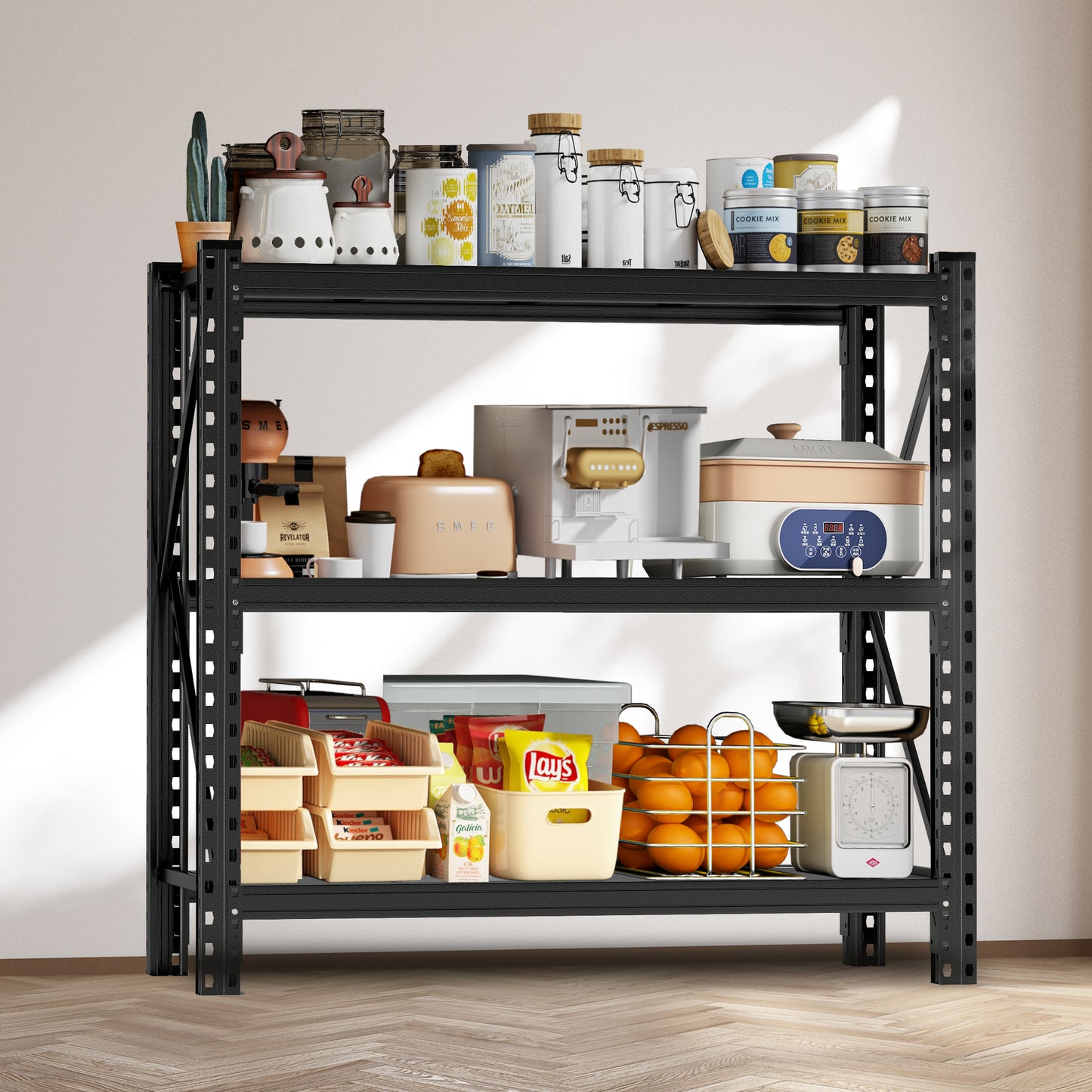 Heavy Duty 3-Tier Industrial Shelving Rack - Adjustable and Sturdy Black Metal