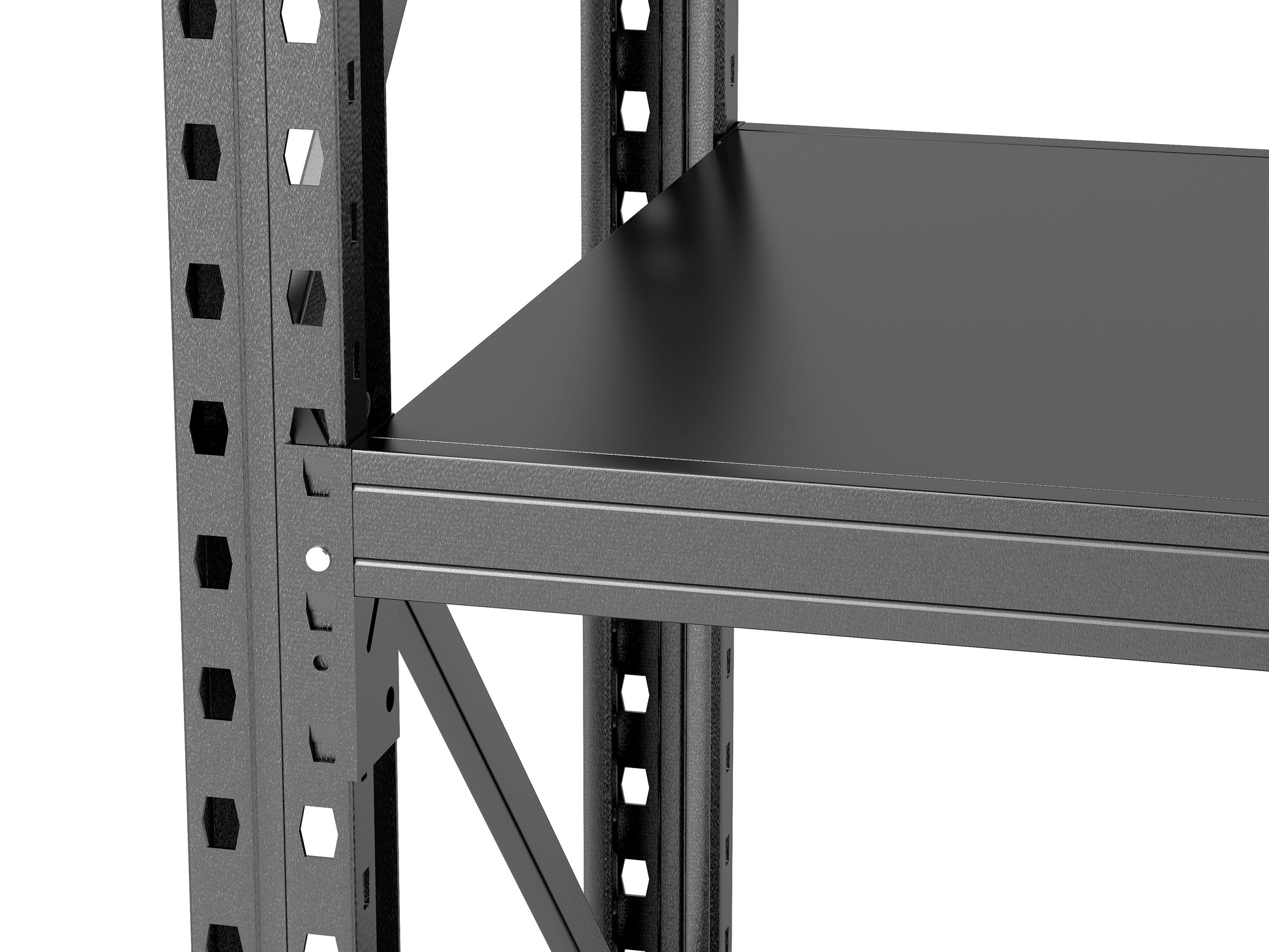 Closeup of a dark gray industrial shelving units sturdy metal frame and shelf