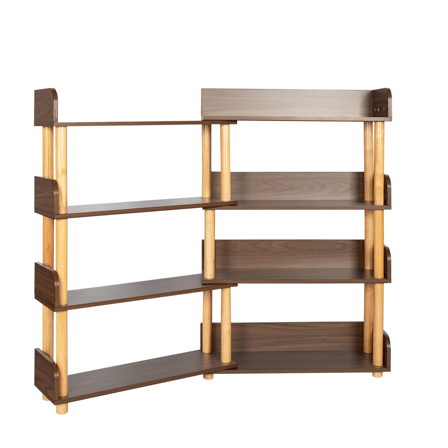 Modern dark wood bookshelf with natural wood legs and staggered shelves