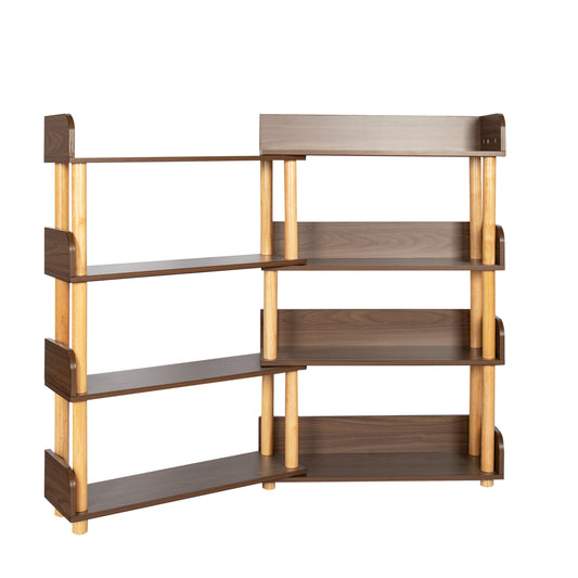 Modern dark wood bookshelf with natural wood legs and staggered shelves