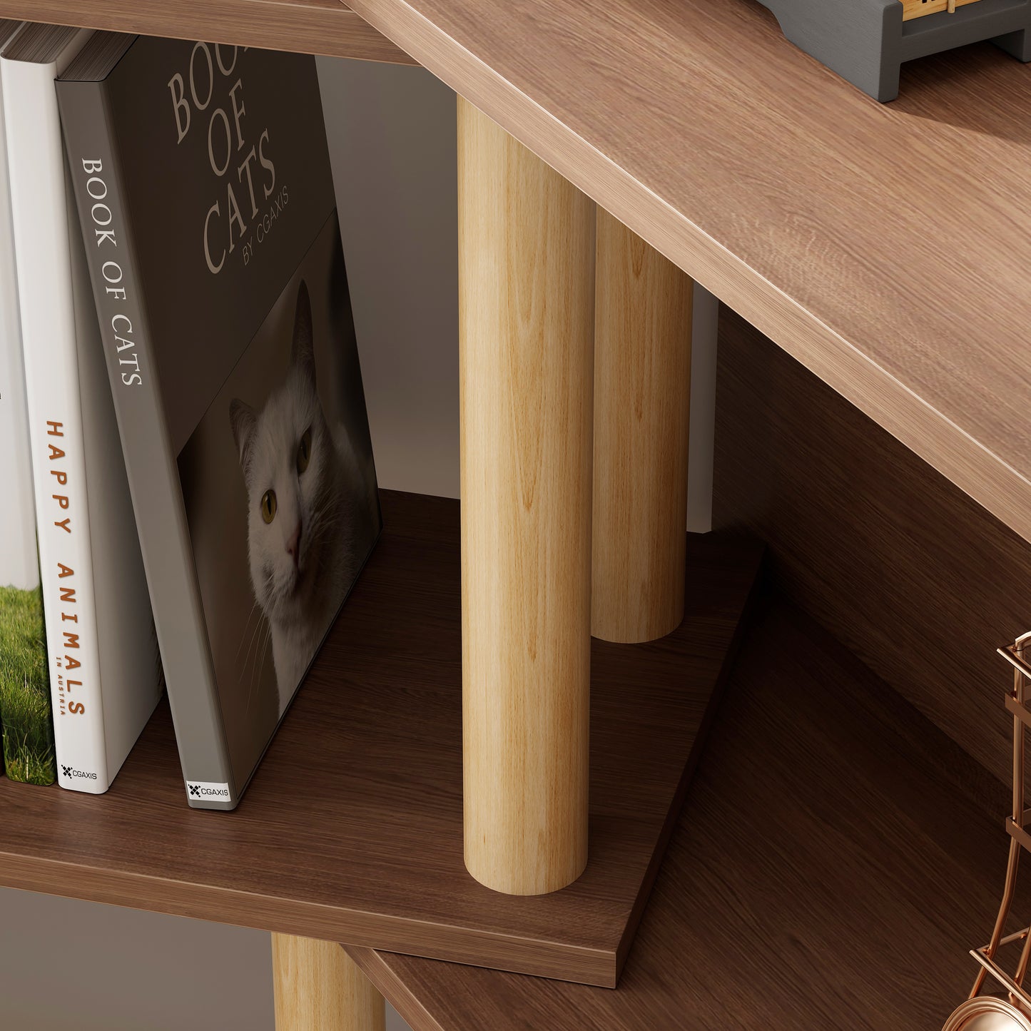 White cat peeking from a book cover titled Book of Cats