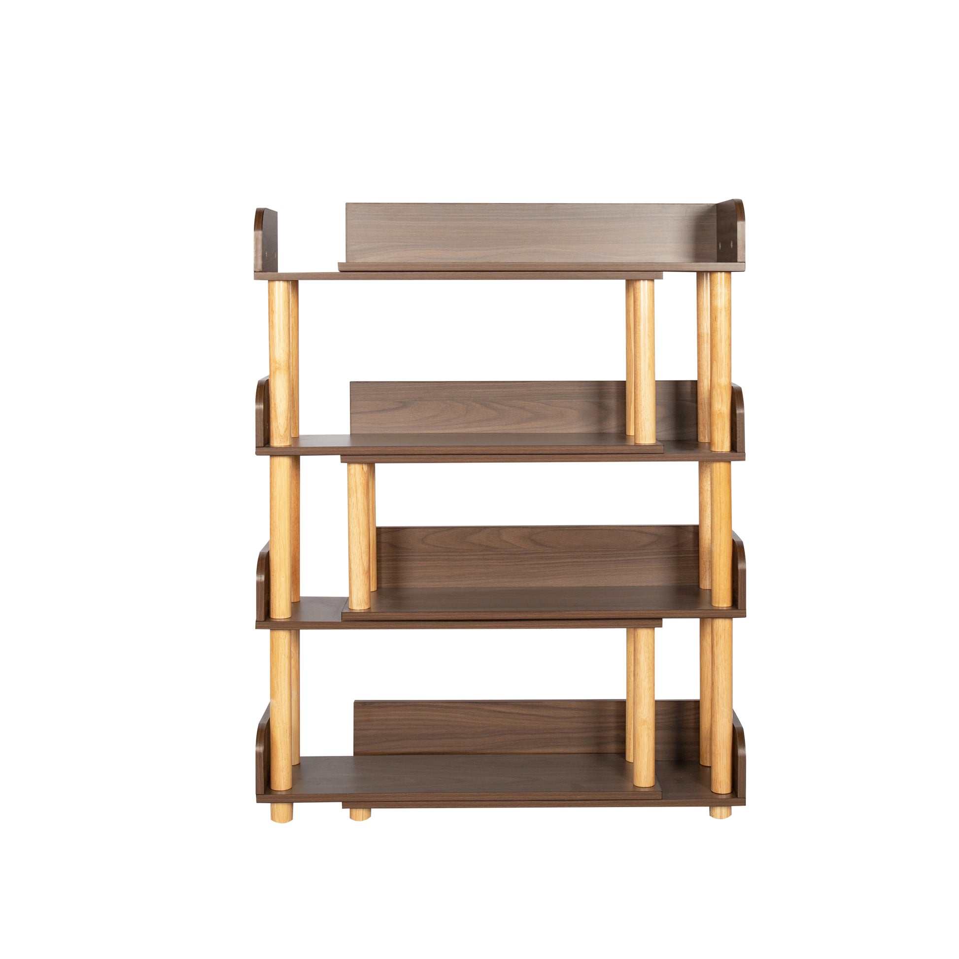 Dark brown fourtier wooden bookshelf with light wood cylindrical legs