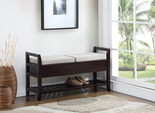 Dark brown entryway bench with dual cushions and shoe storage shelf