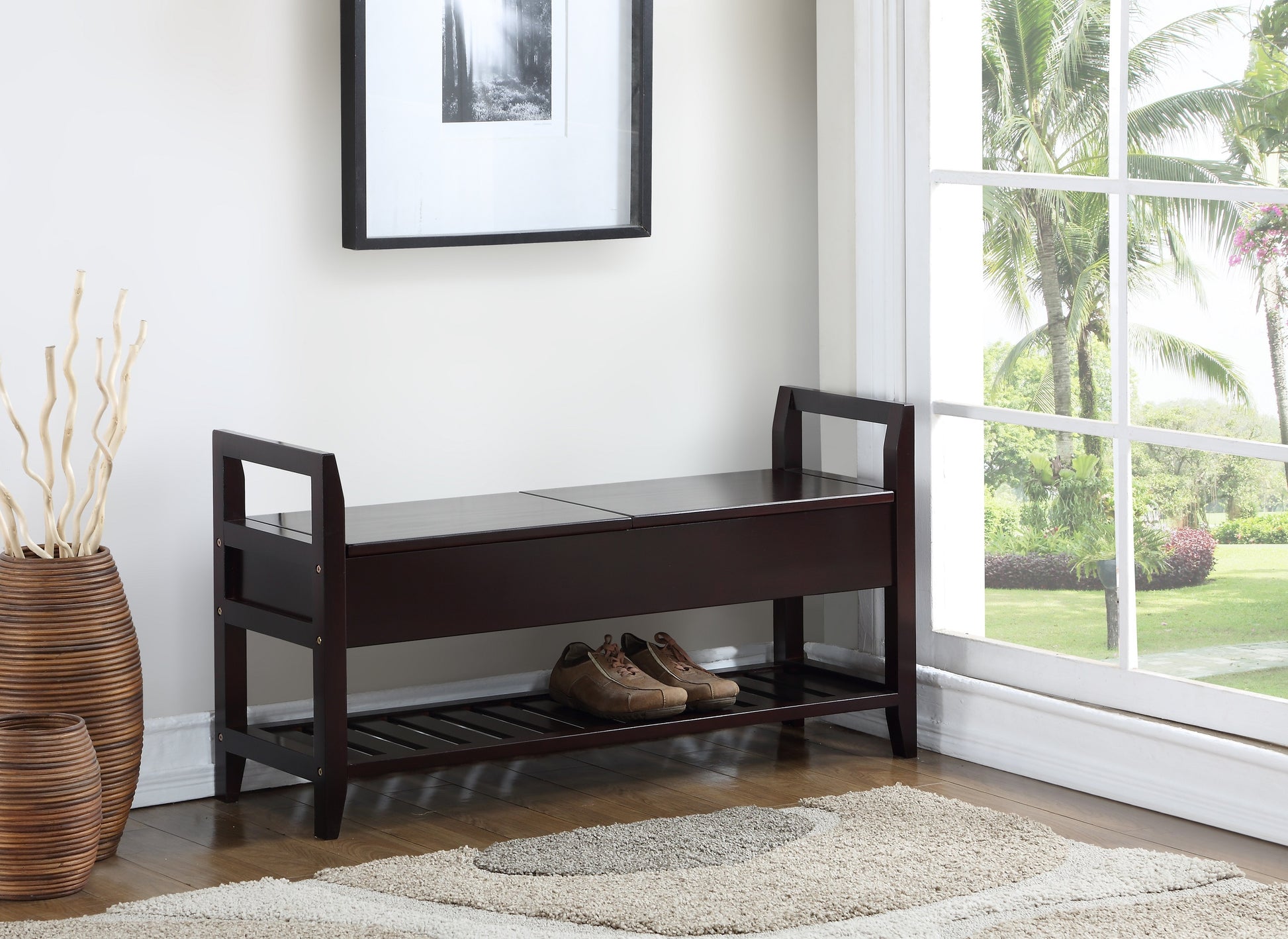 Dark wood storage bench with slatted shoe shelf and hinged seat