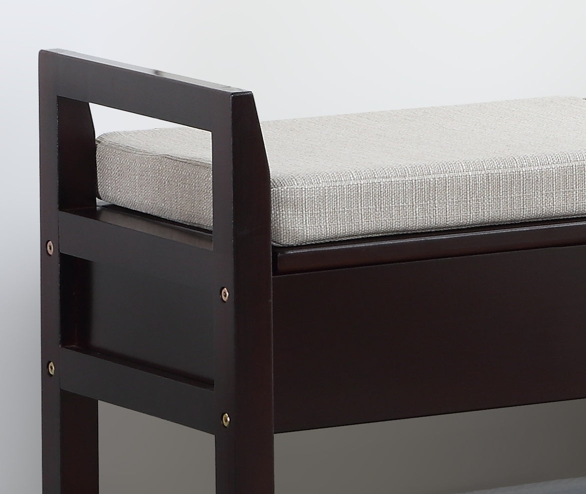 Dark brown wooden storage bench with light grey textured cushion