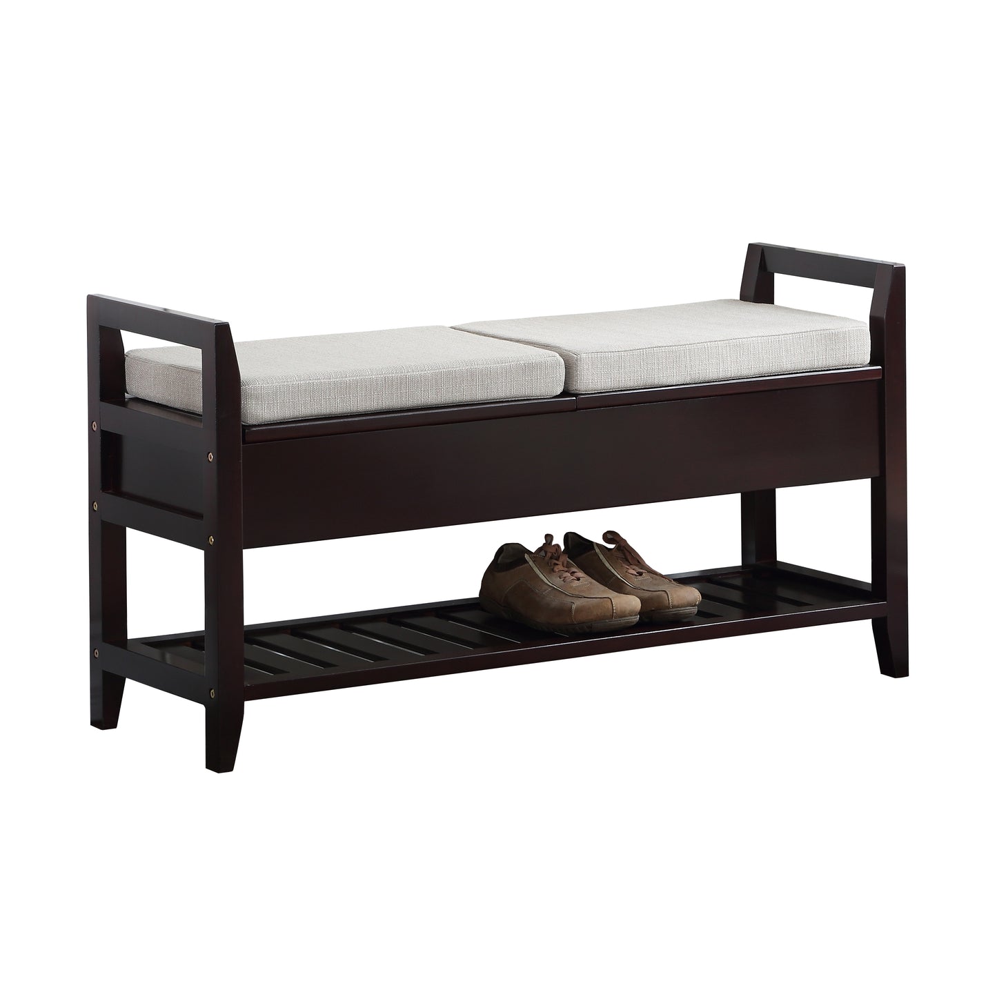 Dark brown wooden shoe bench with padded seat and lower shelf storing two brown loafers